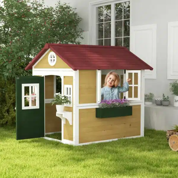 Casita de Madera Infantil con Puerta Ventanas Jardineras y Repisas con Detalles de Color 114x126,4x135 cm Natural - Imagen 10