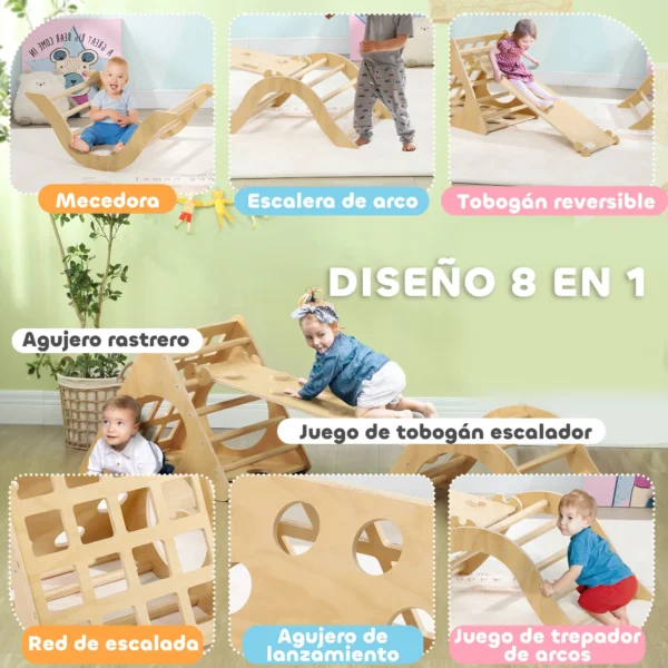 Escalada para Niños de 18-48 Meses 8 en 1 con Rampa Escalera de Arco y Bolsa de Arena 175x59,5x60 cm Natural - Imagen 8