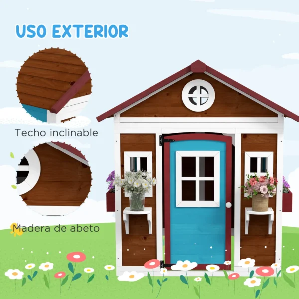 Casita de Madera Infantil con Puerta Ventanas Jardineras y Repisas con Detalles de Color 114x126,4x135 cm Marrón Oscuro - Imagen 7