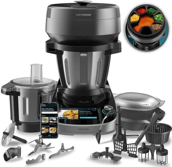 Mambo CooKing Total Gourmet Robot de cocina multifunción con dispensador de alimentos. 2200 W, 45 Funciones, Miles de Recetas Guiadas, Jarra Unique de 4,5L y Jarra Victory de 4,5L, Accesorios