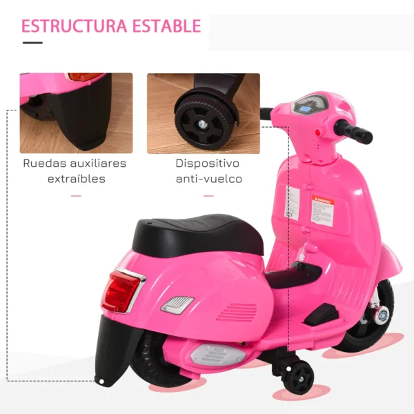 Moto Eléctrica Vespa para Niños de 18-36 Meses Moto de Batería 6V con Faro Bocina y 4 Ruedas 66,5x38x52 cm Rosa - Imagen 7