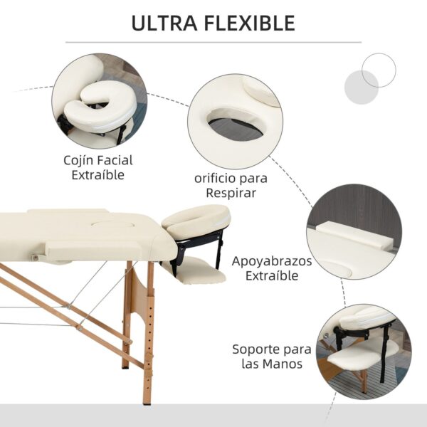 Camilla de Masaje - Color Crema - PU y Madera - 182x60x(61-87)cm - Imagen 5