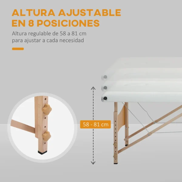 Camilla de Masaje Plegable con Marco de Madera con Altura Regulable y Bolsa de Transporte 186x60x58-81 cm Crema - Imagen 8