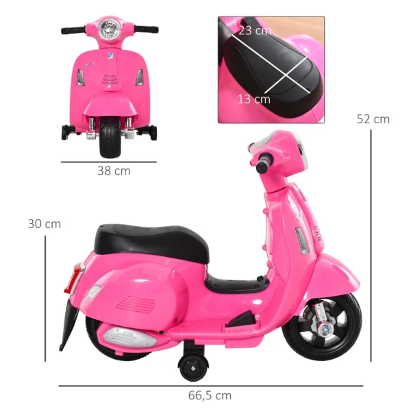 Moto Eléctrica Vespa para Niños de 18-36 Meses Moto de Batería 6V con Faro Bocina y 4 Ruedas 66,5x38x52 cm Rosa - Imagen 9