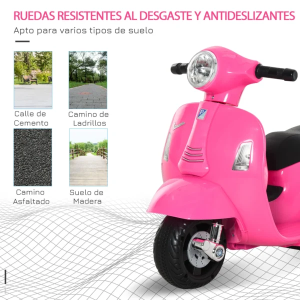 Moto Eléctrica Vespa para Niños de 18-36 Meses Moto de Batería 6V con Faro Bocina y 4 Ruedas 66,5x38x52 cm Rosa - Imagen 6
