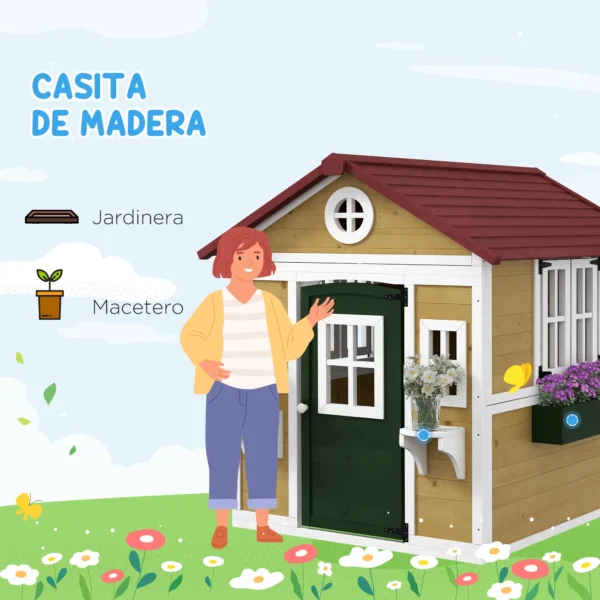 Casita de Madera Infantil con Puerta Ventanas Jardineras y Repisas con Detalles de Color 114x126,4x135 cm Natural - Imagen 8