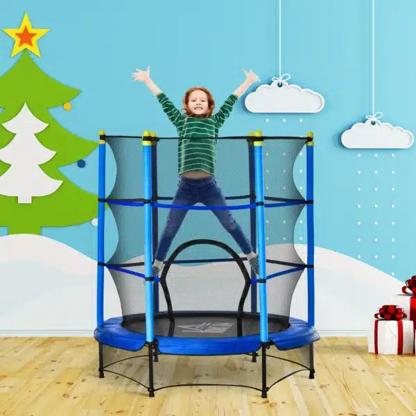 Cama Elástica Infantil Ø140x160 cm Trampolín para Niños de +3 Años con Red de Seguridad y Marco de Acero para Interior y Exterior Azul - Imagen 9