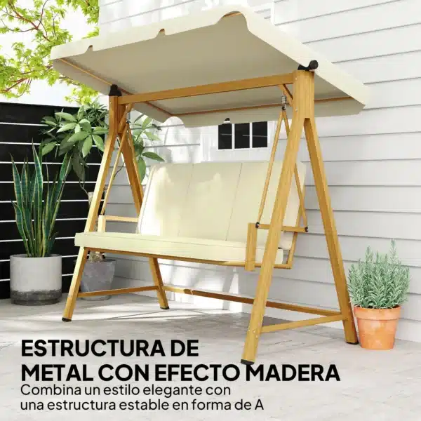 Balancín de Jardín con Toldo Ajustable para Tres Personas Estructura Metálica y Cojines 195x120x170 cm Beige - Imagen 9