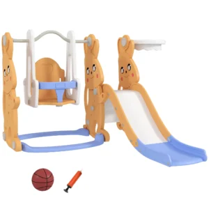 Tobogán Infantil con Columpio con Barandilla y Canasta 4 en 1 para Niños de +18 Meses 147,5x160x107 cm Naranja