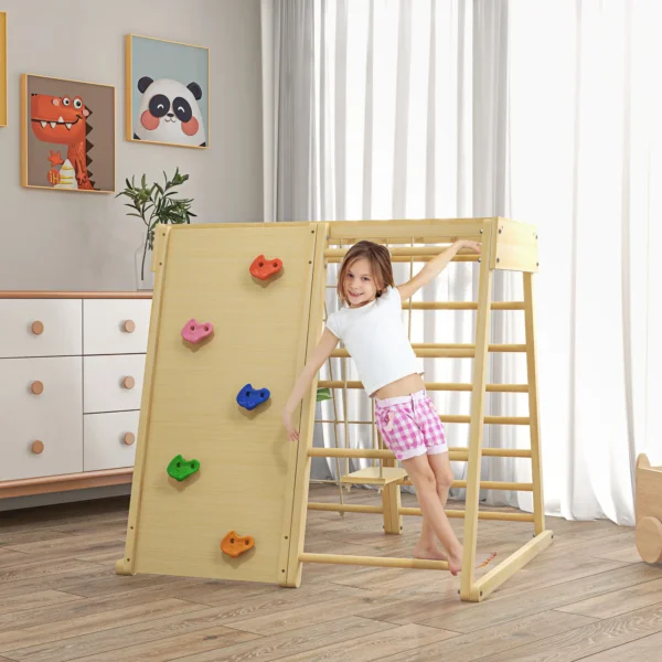 Set de Escalada 5 en 1 con columpio muro de escalada cuerda y trepar en madera barras de mono para niños - Imagen 7