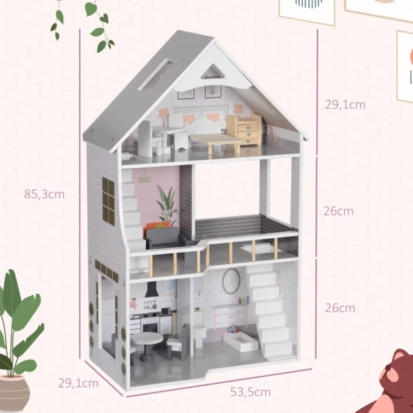 Casa de Muñecas con Muebles y Accesorios de 3 Pisos Juguete para Niños y Niñas a Partir de 3 Años Gris - Imagen 9
