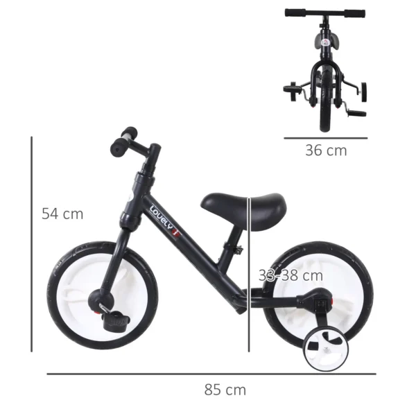 Bicicleta de Equilibrio con Pedales y Ruedas Entrenamiento Extraíbles de Asiento Regulable 33-38cm Niños +24 Meses Carga 25kg Negro - Imagen 8