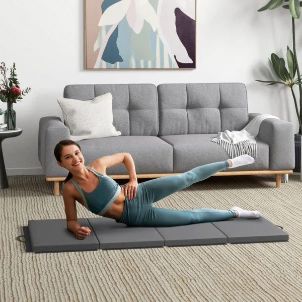 Tapete de gimnasia yoga pilates fitness plegable en 4 con asas revestimiento sintético 180 x 80 x 5 cm gris - Imagen 7