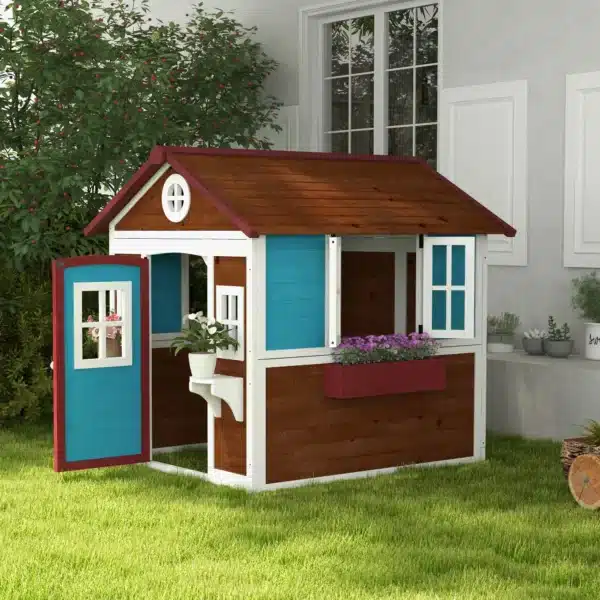 Casita de Madera Infantil con Puerta Ventanas Jardineras y Repisas con Detalles de Color 114x126,4x135 cm Marrón Oscuro - Imagen 10