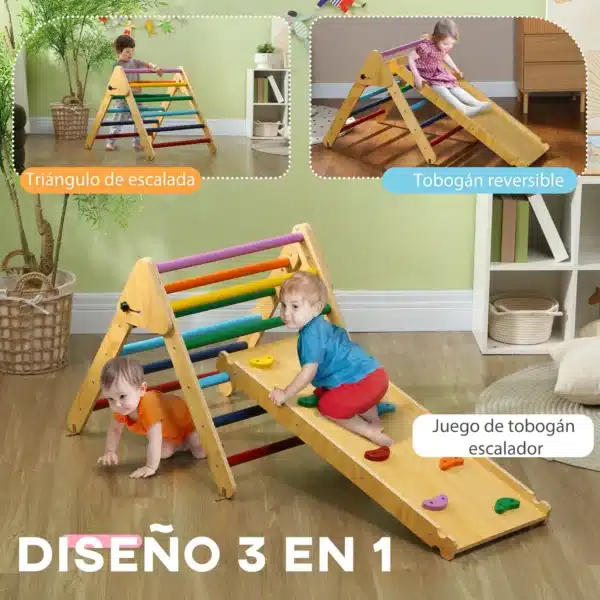 Triángulo de Escalada de Madera 3 en 1 con Rampa para Deslizarse o Escalar 147x64,5x63 cm Multicolor 5 - Imagen 8