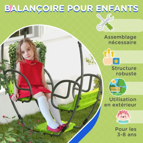 Balancín para niños estructura en metal con mango para 2 niños de 3 a 6 años 110,5 x 40,5 x 180 cm verde asiento columpio - Imagen 5