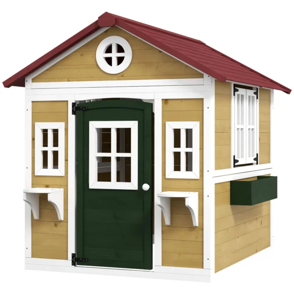 Casita de Madera Infantil con Puerta Ventanas Jardineras y Repisas con Detalles de Color 114x126,4x135 cm Natural - Imagen 2