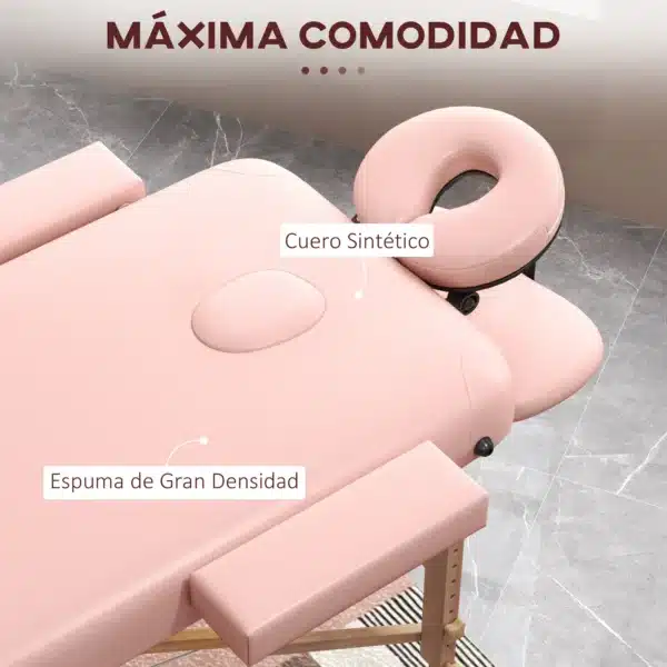 Camilla de Masaje Plegable con Reposacabezas Extraíble Asa Marco de Madera y Altura Regulable 185x60x64-88 cm Rosa - Imagen 6