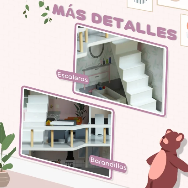 Casa de Muñecas con Muebles y Accesorios de 3 Pisos Juguete para Niños y Niñas a Partir de 3 Años Gris - Imagen 5