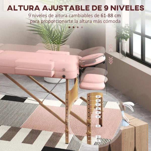 Camilla de Masaje Plegable con Reposacabezas Extraíble Asa Marco de Madera y Altura Regulable 185x60x64-88 cm Rosa - Imagen 8