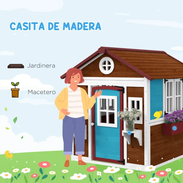 Casita de Madera Infantil con Puerta Ventanas Jardineras y Repisas con Detalles de Color 114x126,4x135 cm Marrón Oscuro - Imagen 8