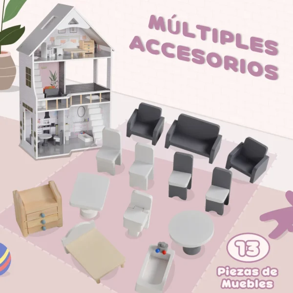 Casa de Muñecas con Muebles y Accesorios de 3 Pisos Juguete para Niños y Niñas a Partir de 3 Años Gris - Imagen 7