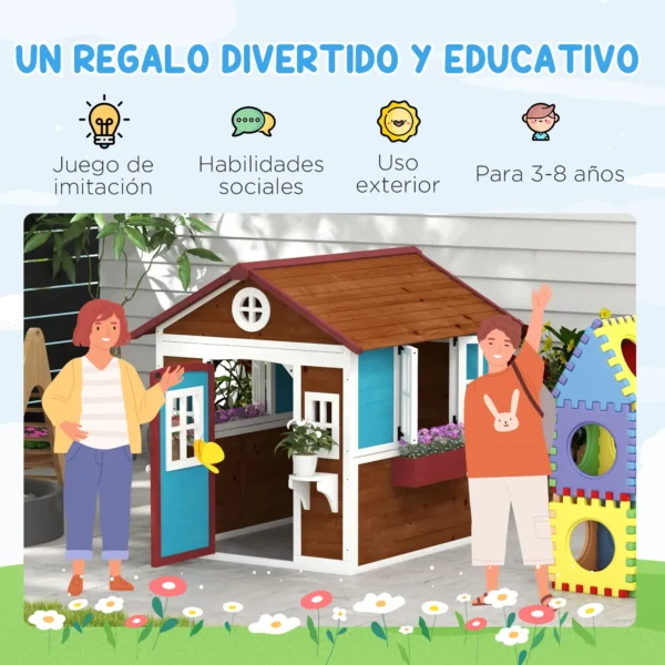 Casita de Madera Infantil con Puerta Ventanas Jardineras y Repisas con Detalles de Color 114x126,4x135 cm Marrón Oscuro - Imagen 6