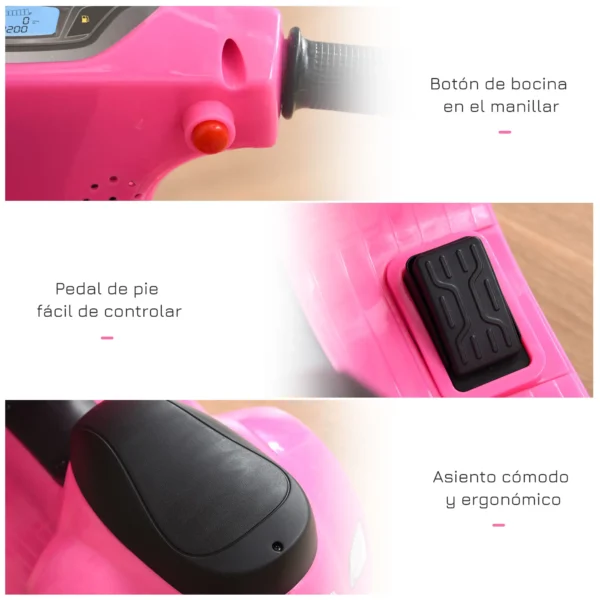 Moto Eléctrica Vespa para Niños de 18-36 Meses Moto de Batería 6V con Faro Bocina y 4 Ruedas 66,5x38x52 cm Rosa - Imagen 5