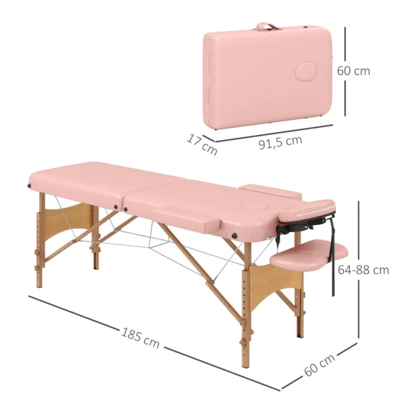Camilla de Masaje Plegable con Reposacabezas Extraíble Asa Marco de Madera y Altura Regulable 185x60x64-88 cm Rosa - Imagen 9