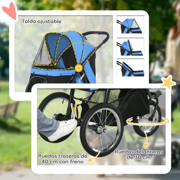 Carrito para Perros Medianos Pequeños con Cesta de Almacenaje Capota Ajustable y Ventana de Malla 111x58x107 cm Azul - Imagen 6