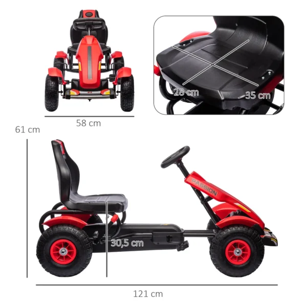 Go Kart a Pedales para Niños con Asiento Ajustable Neumáticos de Goma Freno de Mano Carga 50 kg 121x58x61 cm Rojo - Imagen 6