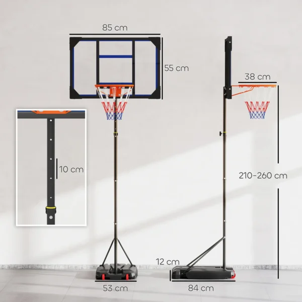 Canasta de baloncesto para niños, altura ajustable de 210-260 cm exterior e interior con ruedas, base de contrapeso, azul - Imagen 6
