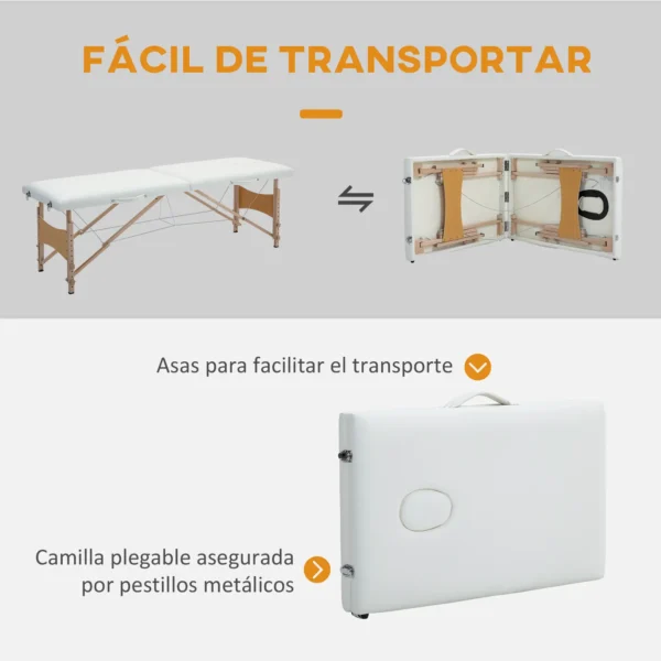 Camilla de Masaje Plegable con Marco de Madera con Altura Regulable y Bolsa de Transporte 186x60x58-81 cm Crema - Imagen 6