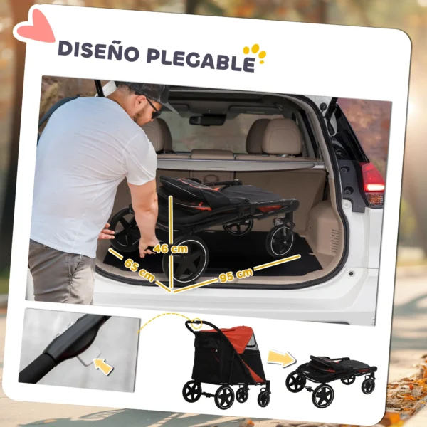 Cochecito para Perros Plegable Carrito para Mascotas con Ventanas de Malla Correas de Seguridad 112x65x100 cm Rojo - Imagen 8