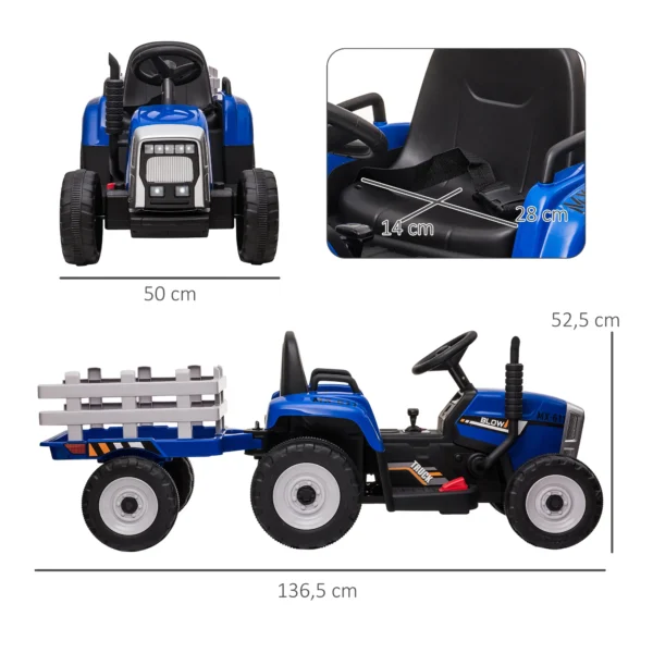 Tractor Eléctrico con Remolque para Niños 3-6 Años con Control Remoto y Cinturón de Seguridad 136,5x50x52,5 cm Azul - Imagen 9