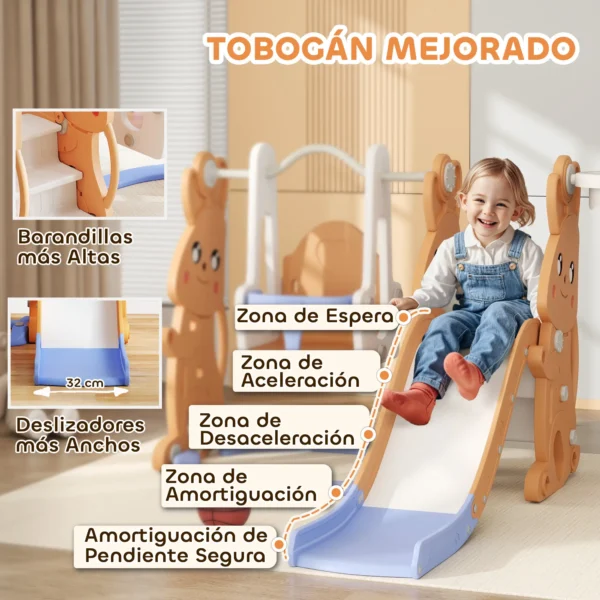 Tobogán Infantil con Columpio con Barandilla y Canasta 4 en 1 para Niños de +18 Meses 147,5x160x107 cm Naranja - Imagen 8