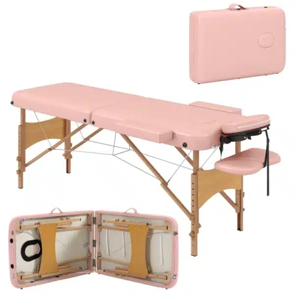 Camilla de Masaje Plegable con Reposacabezas Extraíble Asa Marco de Madera y Altura Regulable 185x60x64-88 cm Rosa