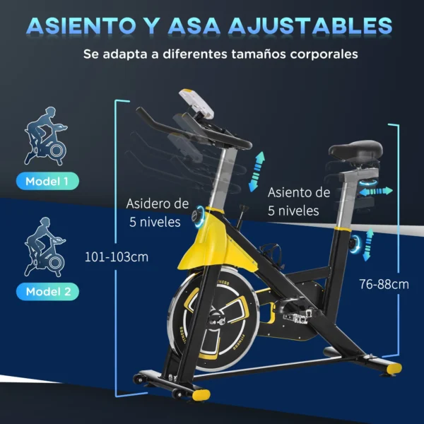 Bici Estática Bicicleta de Fitness con Resistencia Regulable Pantalla LCD Ruedas Manillar y Asiento Ajustable Amarillo - Imagen 6