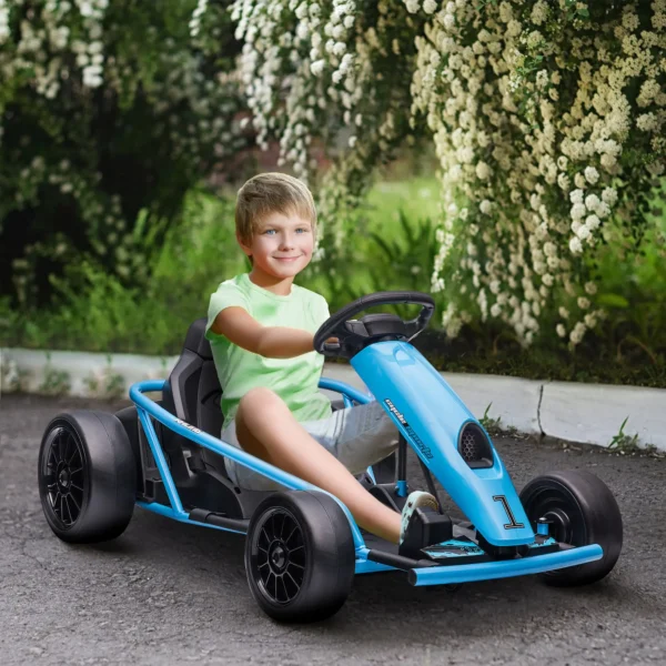 Elektro-Gokart para Niños, Función de Drift, Bocina, Música, Cinturón de Seguridad, Arranque Suave, Azul/Negro - Imagen 7
