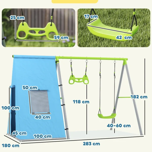 Columpio Infantil 3 en 1 con Tienda Anillas y Altura Ajustable para Niños de 3-8 Años Estructura Metálica 283x180x182 cm - Imagen 9
