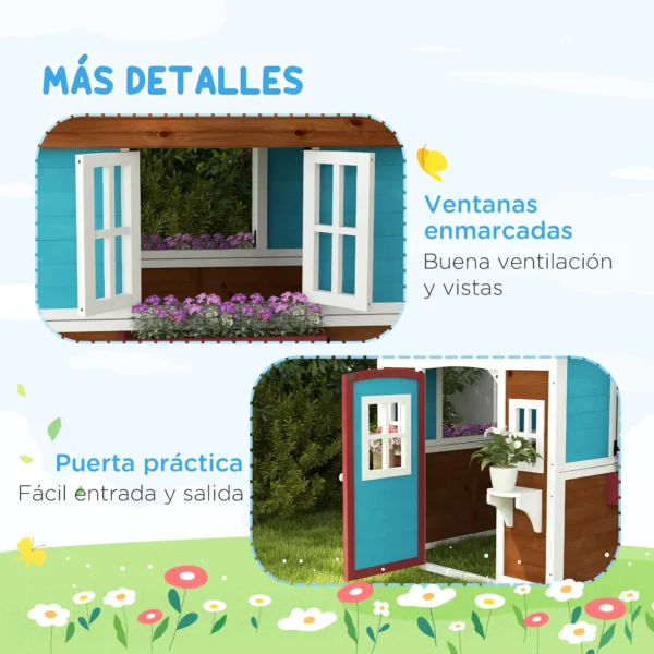 Casita de Madera Infantil con Puerta Ventanas Jardineras y Repisas con Detalles de Color 114x126,4x135 cm Marrón Oscuro - Imagen 5