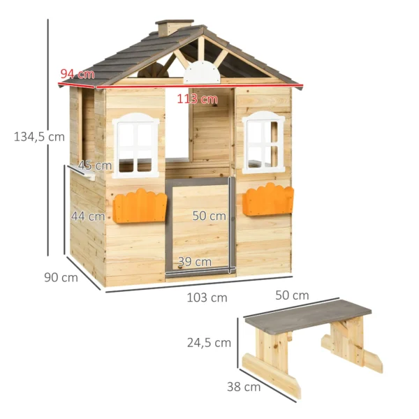 Casita Infantil de Juegos Exterior para Niños de 3 -7 Años con Ventanas 2 Jardineras y 1 Banco 113x94x134,5 cm Natural - Imagen 9