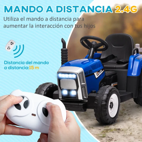 Tractor Eléctrico con Remolque para Niños 3-6 Años con Control Remoto y Cinturón de Seguridad 136,5x50x52,5 cm Azul - Imagen 7