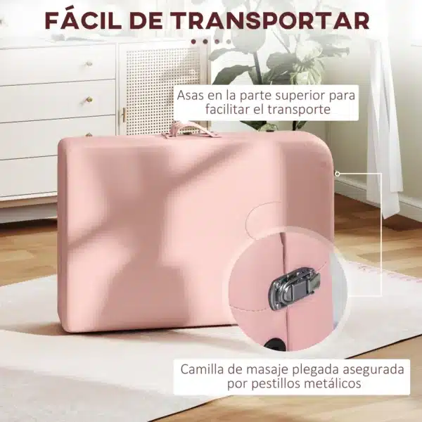 Camilla de Masaje Plegable con Reposacabezas Extraíble Asa Marco de Madera y Altura Regulable 185x60x64-88 cm Rosa - Imagen 5