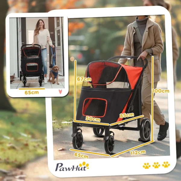 Cochecito para Perros Plegable Carrito para Mascotas con Ventanas de Malla Correas de Seguridad 112x65x100 cm Rojo - Imagen 10