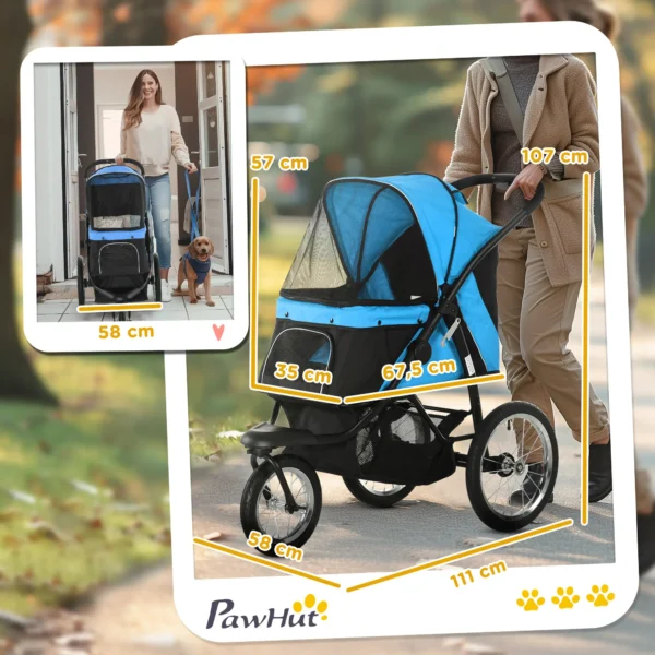 Carrito para Perros Medianos Pequeños con Cesta de Almacenaje Capota Ajustable y Ventana de Malla 111x58x107 cm Azul - Imagen 10