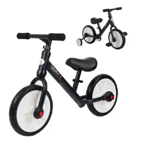 Bicicleta de Equilibrio con Pedales y Ruedas Entrenamiento Extraíbles de Asiento Regulable 33-38cm Niños +24 Meses Carga 25kg Negro