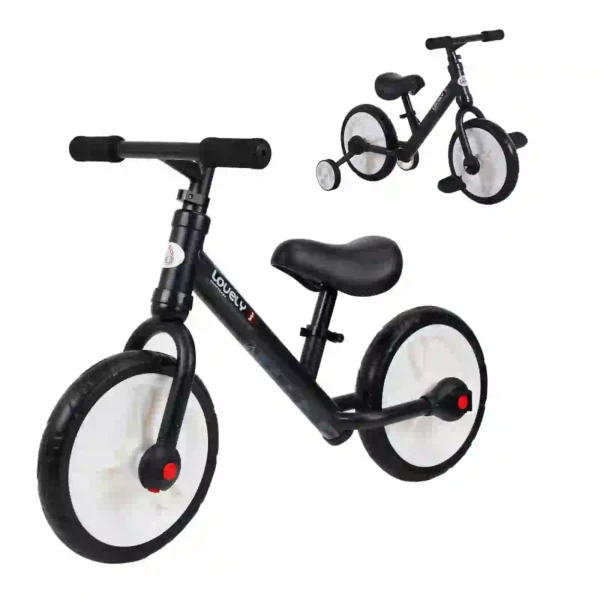 Bicicleta de Equilibrio con Pedales y Ruedas Entrenamiento Extraíbles de Asiento Regulable 33-38cm Niños +24 Meses Carga 25kg Negro