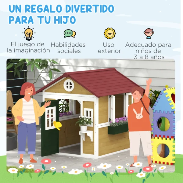Casita de Madera Infantil con Puerta Ventanas Jardineras y Repisas con Detalles de Color 114x126,4x135 cm Natural - Imagen 7