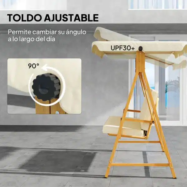 Balancín de Jardín con Toldo Ajustable para Tres Personas Estructura Metálica y Cojines 195x120x170 cm Beige - Imagen 8